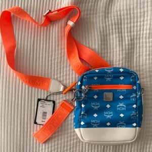 MCM Blue Crossbody Bag with Orange Strap